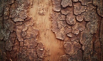 Tree bark texture close-up, showcasing rough, weathered surface with intricate patterns and earthy tones