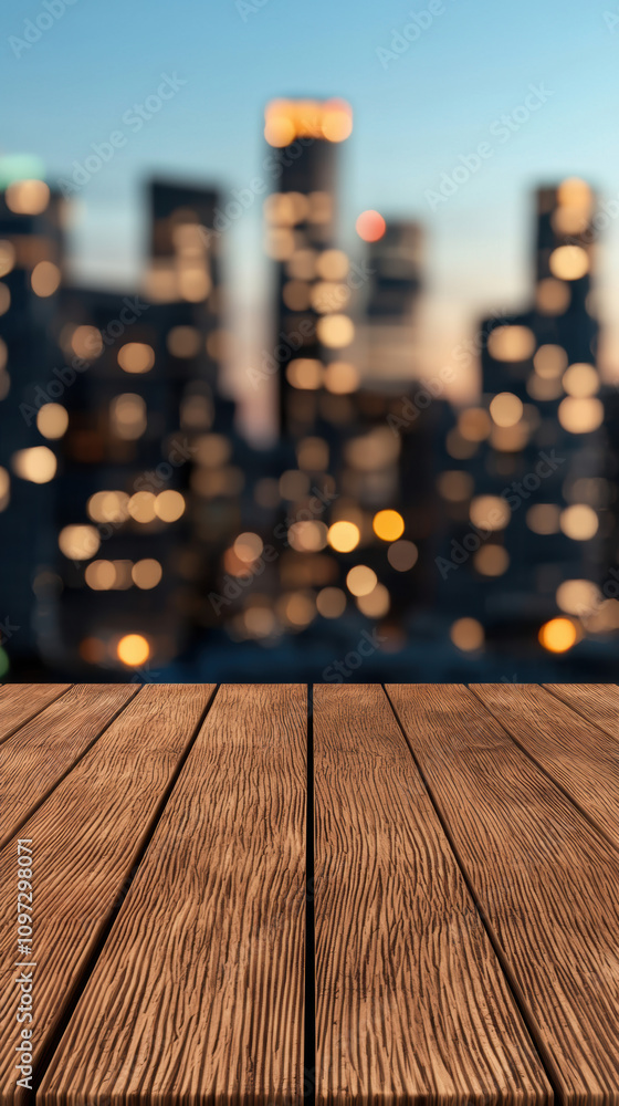 Poster a blurred city skyline in the background with a clear wooden surface in the foreground, creating a w