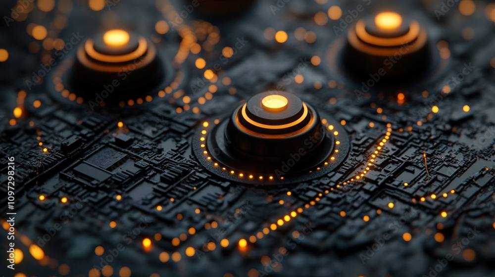 Poster abstract futuristic circuit board: glowing nodes and intricate pathways