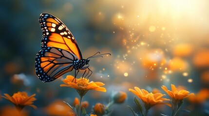 Monarch Butterfly on Orange Flowers in Magical Sunset