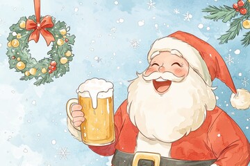 Watercolor Adorable Christmas Theme, A cheerful Santa Claus holds a beer mug, surrounded by snowflakes and a festive wreath, embodying a joyful holiday spirit.