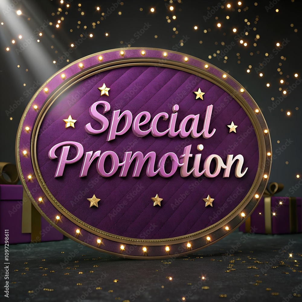 Poster 3d text with 'special promotion' in elegant script, surrounded by stars and a glowing border against