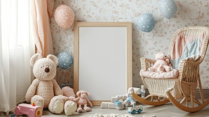 Nursery Room Decor With Toys And Blank Frame