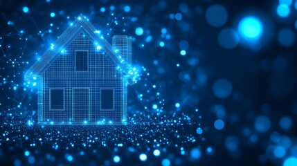 Abstract glowing house silhouette on a deep blue bokeh background, symbolizing digital architecture, smart technology, and intelligent housing systems for modern living