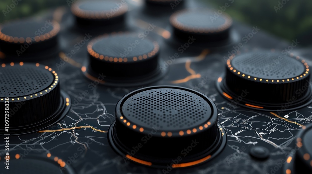 Poster abstract technological interface: close-up of illuminated rotary controls on a map