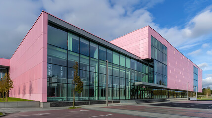 Obraz premium Modern Architectural Design: A Striking Pink Facade of an Innovative Building Showcasing Contemporary Style and Urban Aesthetic in a Clear Blue Sky Setting