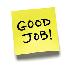 ‘Good Job!’ written on yellow sticky note with cast shadow 