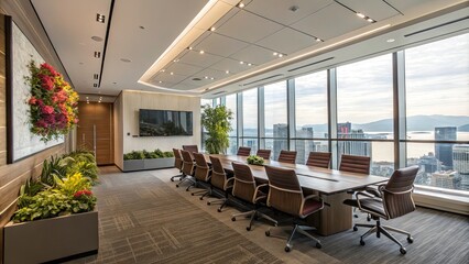 Fototapeta premium Modern Spacious Conference Room with Elegant Interior Design and Ample Natural Light for Professional Meetings