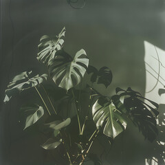 Lush Green Monstera Plant Leaves Casting Shadows in Soft Natural Light Against a Minimalist Background for Indoor Decor and Botanical Aesthetics