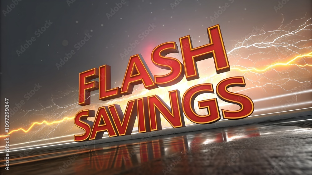 Aufkleber dynamic 3d text display featuring the phrase 'flash savings' with electrifying lightning effects on 