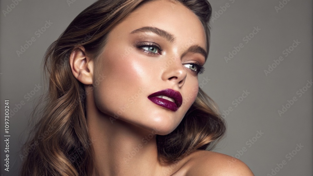Poster an elegant portrait displays a model with highgloss mauve lipstick which glimmers subtly in the ligh