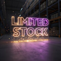 Glowing 3D 'Limited Stock' text with sparkles in a warehouse setting, conveying urgency and exclusivity in sales.