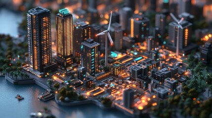 Detailed miniature city model glowing in orange and blue lights, symbolizing futuristic urban planning, smart city technology, and sustainable energy integration