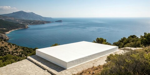 Obraz premium Serene Coastal Landscape with White Rectangular Platform on Vast Sea, Tranquil Waters, Minimalist Design, Nature's Beauty, Calm Horizon, Scenic Seascape Photography, Dreamy Atmosphere
