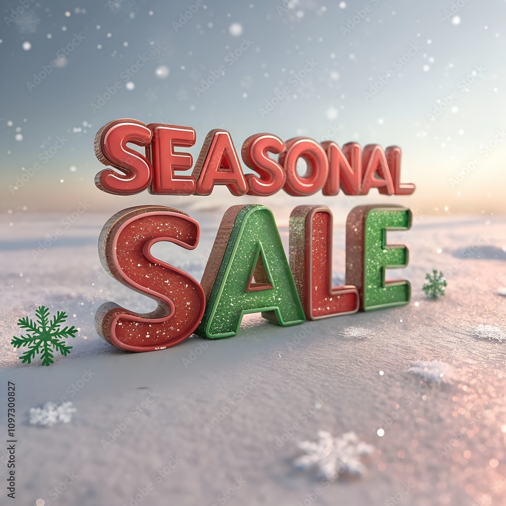 Poster 3d text displaying 'seasonal sale' in a snowy landscape, creating a festive and inviting atmosphere 