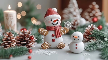Cheerful snowman surrounded by festive candles, pine cones, and seasonal greenery on a snowy tabletop, symbolizing holiday coziness, festive gatherings, and the warmth of Christmas traditions
