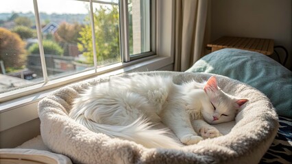 Sleepy White Cat Resting Comfortably on a Cozy Bed, Capturing the Essence of Feline Relaxation in a Warm Domestic Setting