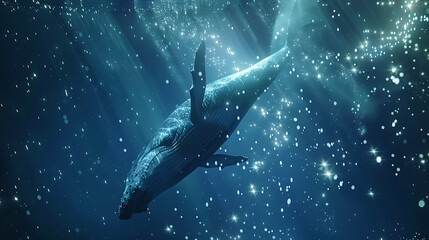 Majestic Whale Swimming Gracefully Through Clear Blue Ocean Depths with Sunlight Streaming Down and Sparkling Particles Enhancing the Underwater Scene