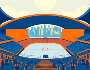 A constructivist art piece of a hockey stadium viewed from the stands. The stadium has a curved roof and is made up of geometric shapes