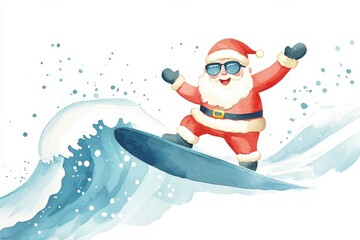 Watercolor Adorable Christmas Theme, A cheerful Santa Claus in sunglasses riding a surfboard on a wave, embodying a festive and fun beach holiday spirit.