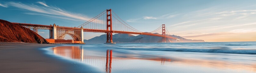 Naklejka premium A stunning sunset view of the Golden Gate Bridge, reflecting in the tranquil waters, framed by golden sands and gentle waves.
