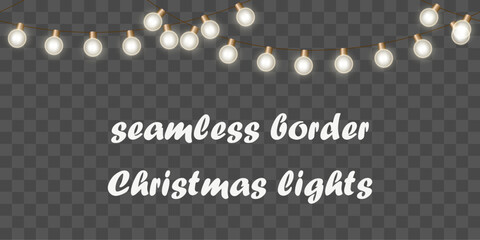 seamless border luminous garland. A lot of round shining electric light bulbs are arranged in an endless horizontal stripe. isolated on a checkered background. for card, greeting, banner, website