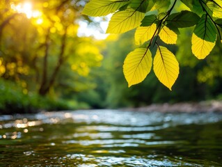 Obraz premium A serene river scene framed by vibrant green leaves, illuminated by warm sunlight, capturing the essence of nature's tranquility.