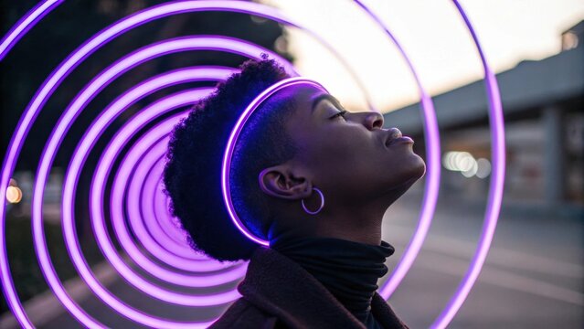 An artistic photograph of a person adorned with swirling neon purple rings around their head each ring pulsating with vibrancy adding a dynamic quality to their serene expression.