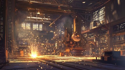 Metalworking factory interior, sparks flying from welding machines, large steel beams, industrial ambiance 