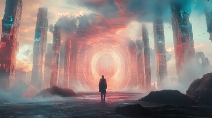 The image depicts a solitary figure standing in a surreal landscape that is illuminated by an otherworldly portal. Towering, translucent pillars emerge from the ground, leading the viewer's eye toward