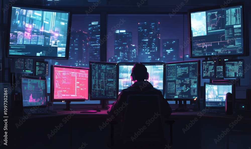 Poster high-tech control room with multiple screens displaying data and city skyline
