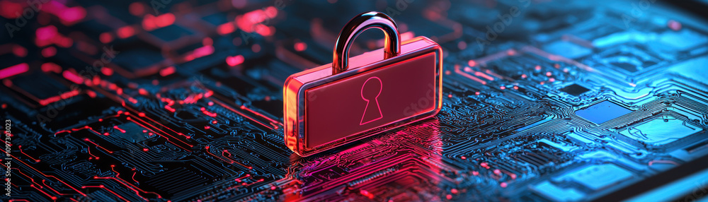 Poster cyber insurance risk management concept. a close-up view of a digital padlock on a colorful circuit 