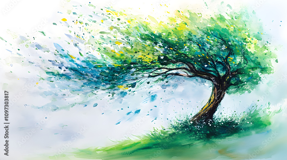 Poster a single tree painted with flowing watercolor strokes to capture the movement of wind through its br