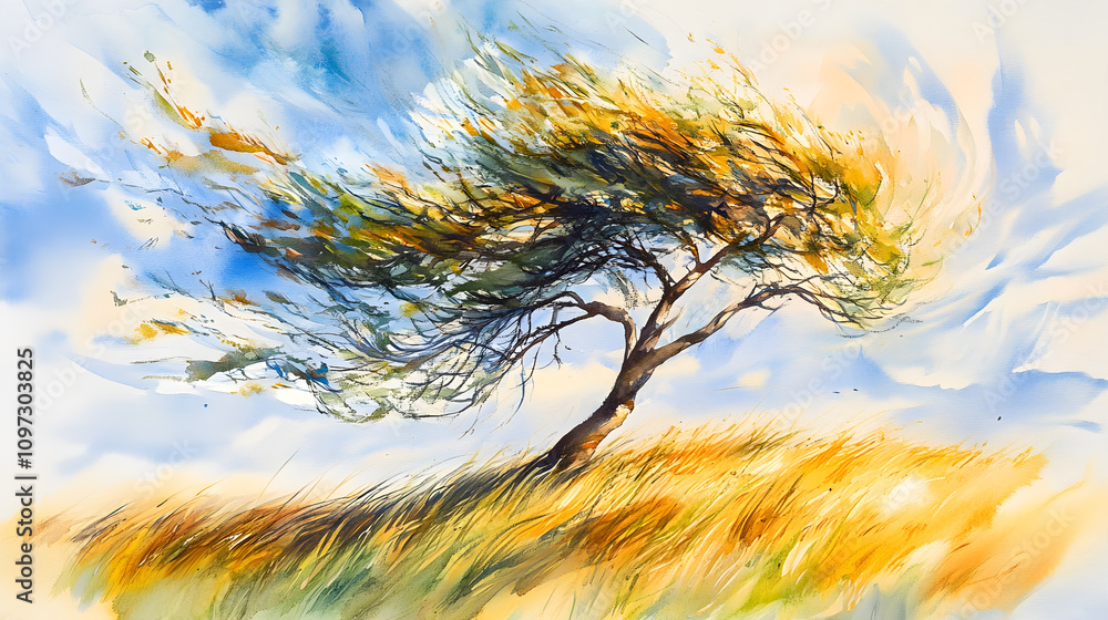 Poster a single tree painted with flowing watercolor strokes to capture the movement of wind through its br