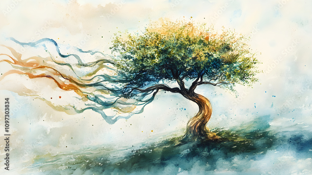 Poster a single tree painted with flowing watercolor strokes to capture the movement of wind through its br