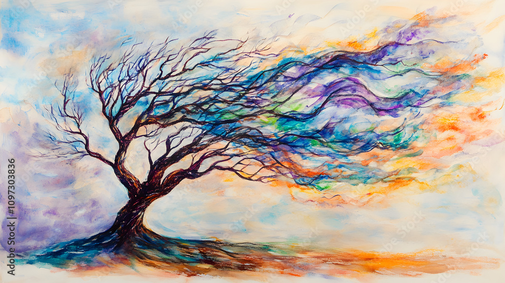 Poster a single tree painted with flowing watercolor strokes to capture the movement of wind through its br