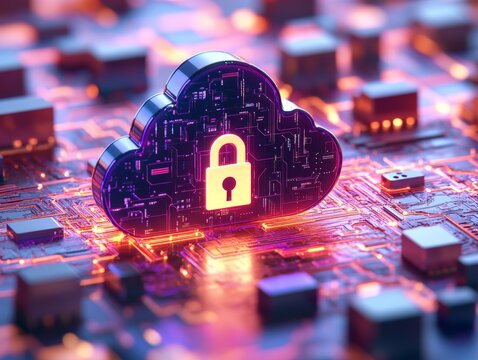 Futuristic glowing cloud with digital padlock on a circuit board, symbolizing advanced cybersecurity, encryption, and protected data in vibrant neon tones
