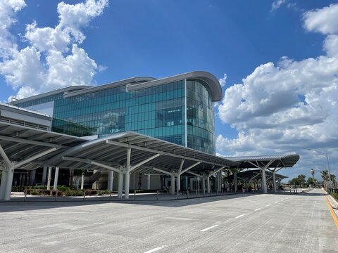 The exterior of the Brightline High Speed Rail station stands on the grounds of the Orlando International Airport, taking passengers by train from Orlando Florida