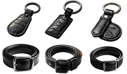 Realistics Black Leather Belt and KeyChain Isolated on Transparent Background