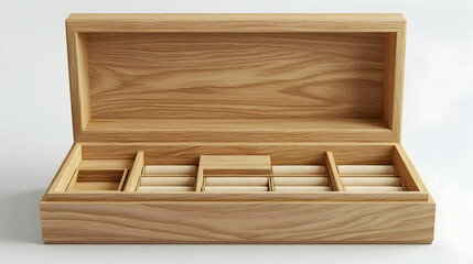 Open wooden box with compartments and dividers, ideal for jewelry or small items.