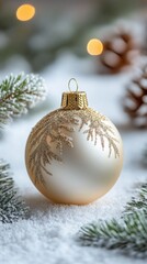 Elegant Christmas Ornament Surrounded by Pinecones and Snow