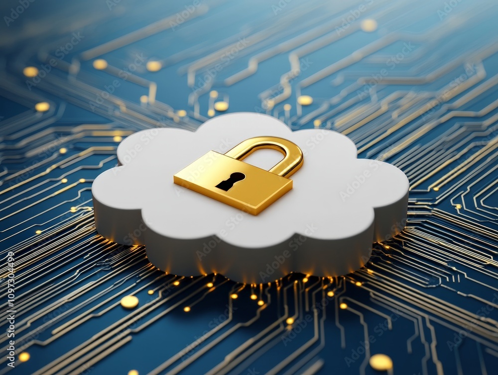 Aufkleber white digital cloud with a golden padlock on a circuit board background, symbolizing advanced data p