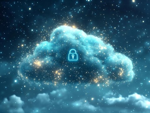Cloud composed of shimmering blue particles and central padlock icon, symbolizing encrypted cloud storage, network security, and futuristic online protection systems