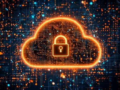 Radiant glowing orange cloud with a central padlock surrounded by circuits, symbolizing strong cybersecurity, encrypted networks, and cloud technology innovations