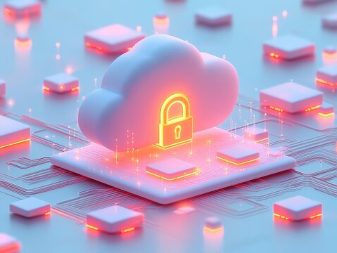 Digital pink cloud with vibrant accents and a central padlock icon, representing advanced data encryption, secure cloud technology, and innovative storage solutions