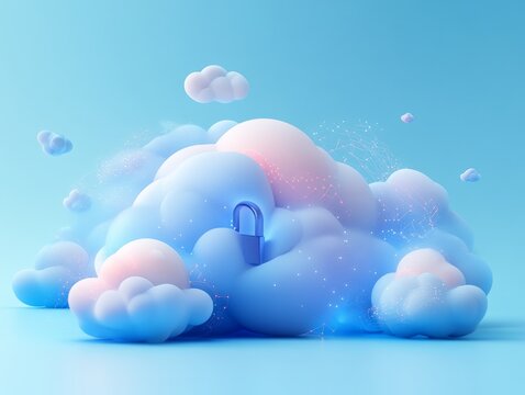 Layered white and blue cloud cluster with a central padlock icon, symbolizing secure online storage, network safety, and advanced cloud computing solutions