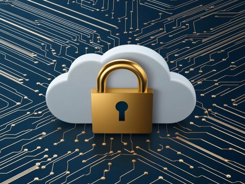 White cloud with a golden padlock resting on a circuit board, symbolizing data protection, network security, and encryption in a digital ecosystem