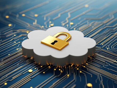 White digital cloud with a golden padlock on a circuit board background, symbolizing advanced data protection, secure cloud computing, and cybersecurity solutions for modern technology
