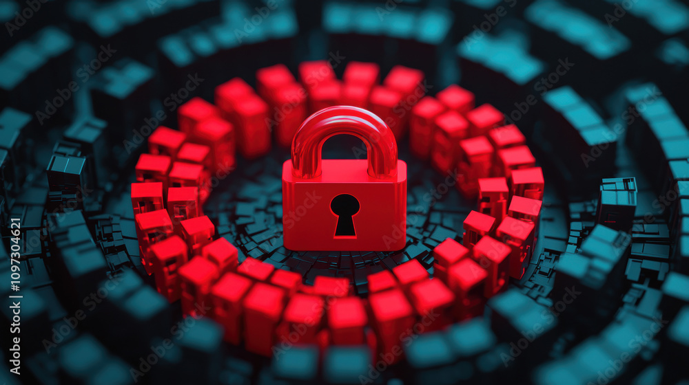 Poster cyber insurance risk management concept. a vibrant red lock stands at the center of a circular arran