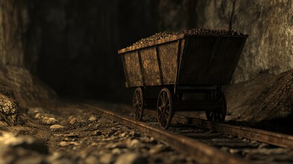 An old mine cart filled with rocks on tracks in a dimly lit underground tunnel.